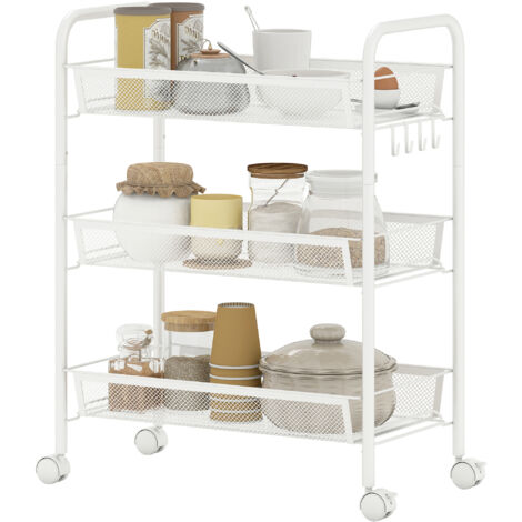 Chariot de rangement roulant 3 étagères, desserte à roulettes, 45 x 26,5 x 63 cm, blanc