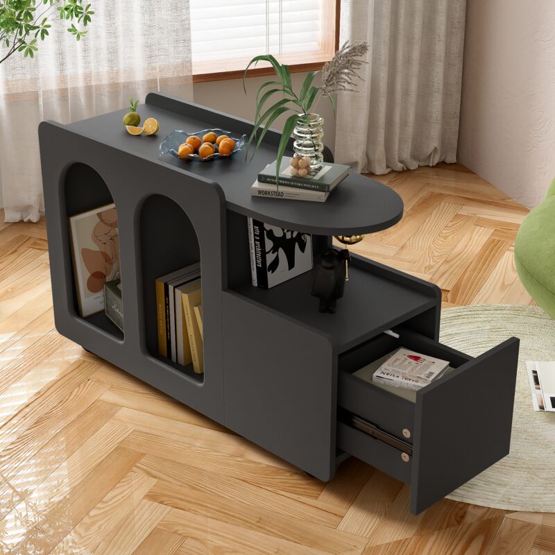 Chariot de rangement sur roulettes, 82x30x53cm buffet, armoire de rangement, salon/salle à manger/chambre, design arqué, noir