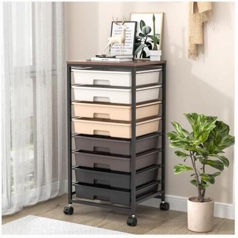Chariot de salle de bain avec 8 tiroirs - Chariot de rangement à roulettes avec plateau en bois - Pour salon, chambre à coucher, bureau - Grande capacité,Marron