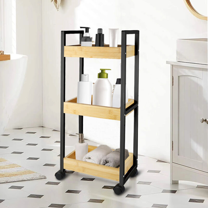 Skecten - Chariot de Salle de Bain sur Roulettes Bambou Gain de Place 20x30x80 cm Noir et Couleur Boisée