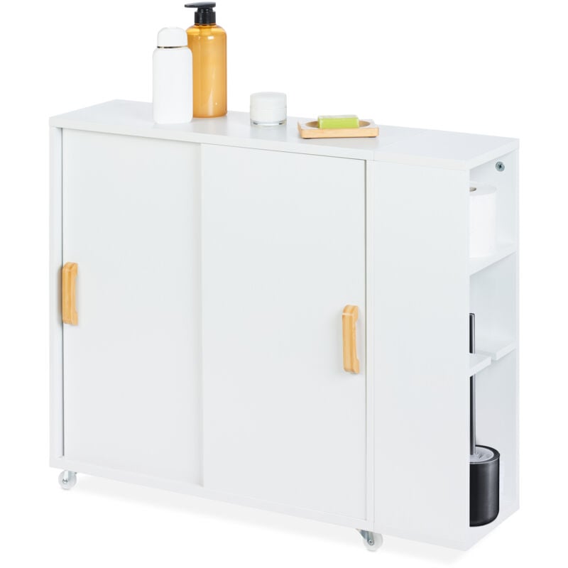Armoire étroite salle de bain, 4 compartiments, porte-brosse wc, HxLxP : 62 x 19,5 x 64 cm, mdf, bambou, blanc - Relaxdays
