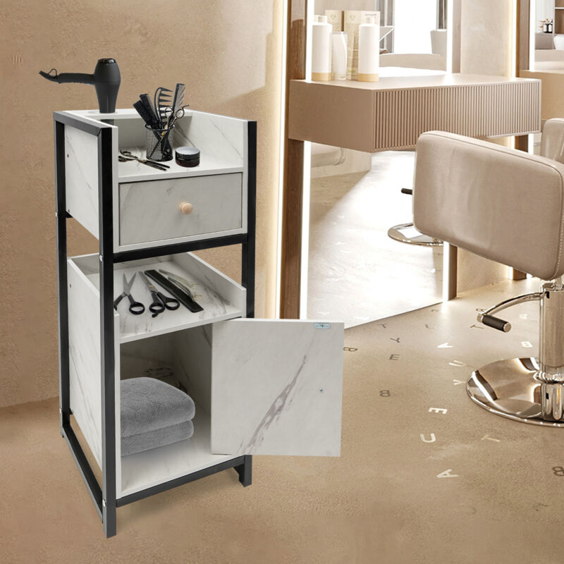 Chariot de salon BarberPub avec roulettes Chariot roulant Salon de coiffure avec tiroirs Planche marbrée pour salon de beauté Rangement pour