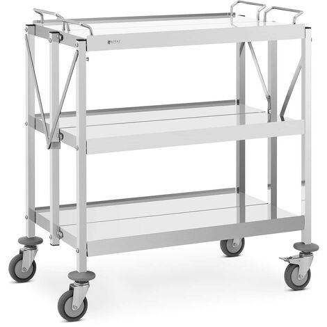 Chariot de service 3 tablettes (2x) 90 x 50 / 50 x 83 cm 90 kg pliable acier inoxydable professionnel - Argenté