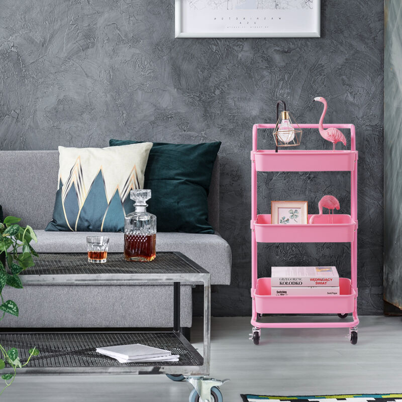 Chariot de Service à Roulettes 3 Paniers Métallique Antirouille Desserte Cuisine 42x35x87cm Rose CW90730