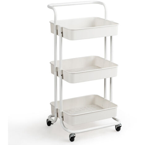 Chariot de service à roulettes avec 3 paniers grillagés en métal anti-rouille 42x35x87 cm blanc 200000430