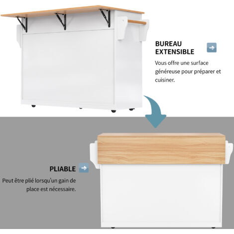 chariot de service avec table dépliable, dimensions : 120x46(70)x91 cm. Couleur blanche. Il est équipé de roulettes et de pieds en bois interchangeables. Idéal pour les cuisines et les salles à manger