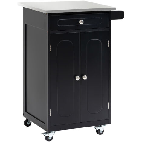 Chariot de service de cuisine multifonctionnel à roulettes, 1 tiroir, 2 portes avec étagère et porte-serviettes, en MDF noir et acier inoxydable.