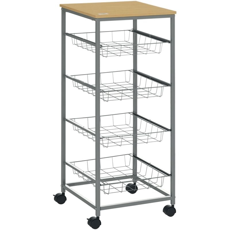 HOMCOM Chariot de service desserte à roulettes multi-rangements 4 tiroirs acier MDF chêne clair