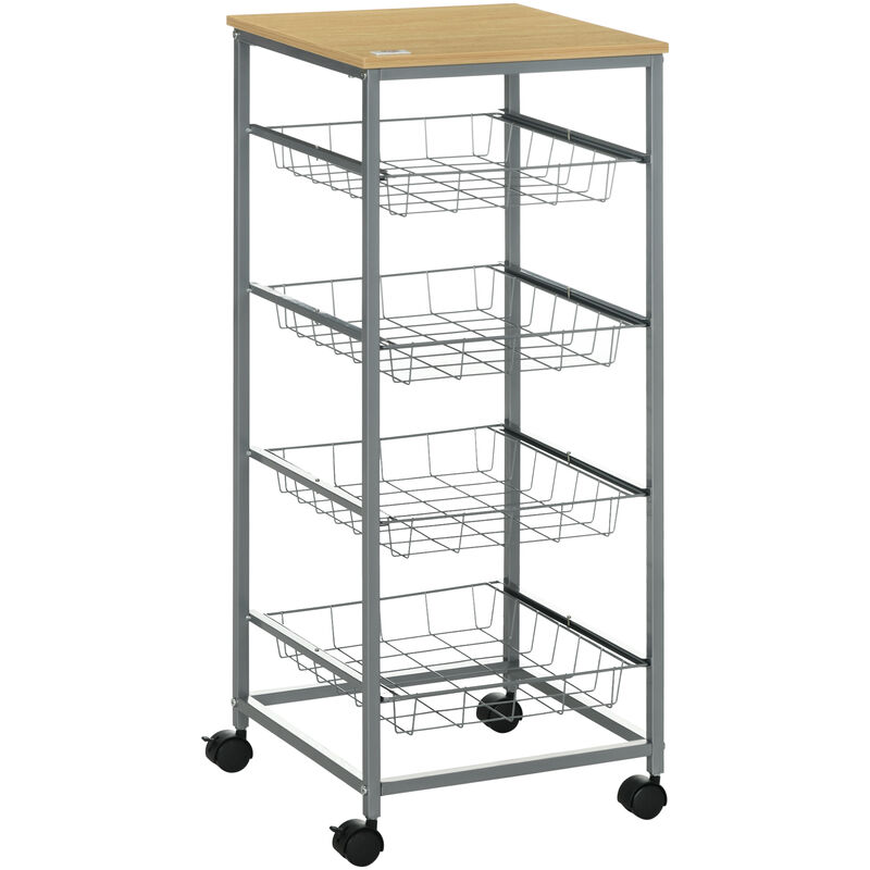 HOMCOM Chariot de service desserte à roulettes multi-rangements 4 tiroirs acier MDF chêne clair - Blanc
