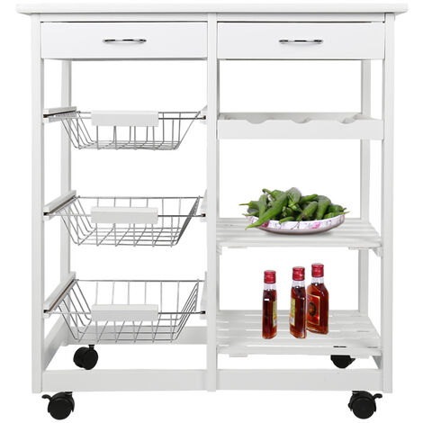 Chariot de service desserte à roulettes multi-rangements tiroirs étagères range bouteilles bois de cuisine à roulettes - Blanc