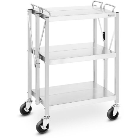 Chariot De Service Desserte À Roulettes Pliable Inox 3 Plateaux 40x58cm Max 90kg - Argent, Blanc