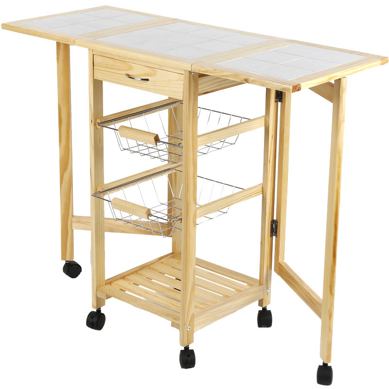 Bathrins - Chariot de service desserte à roulettes pliable multi-rangements tiroir étagère paniers plan travail en bois