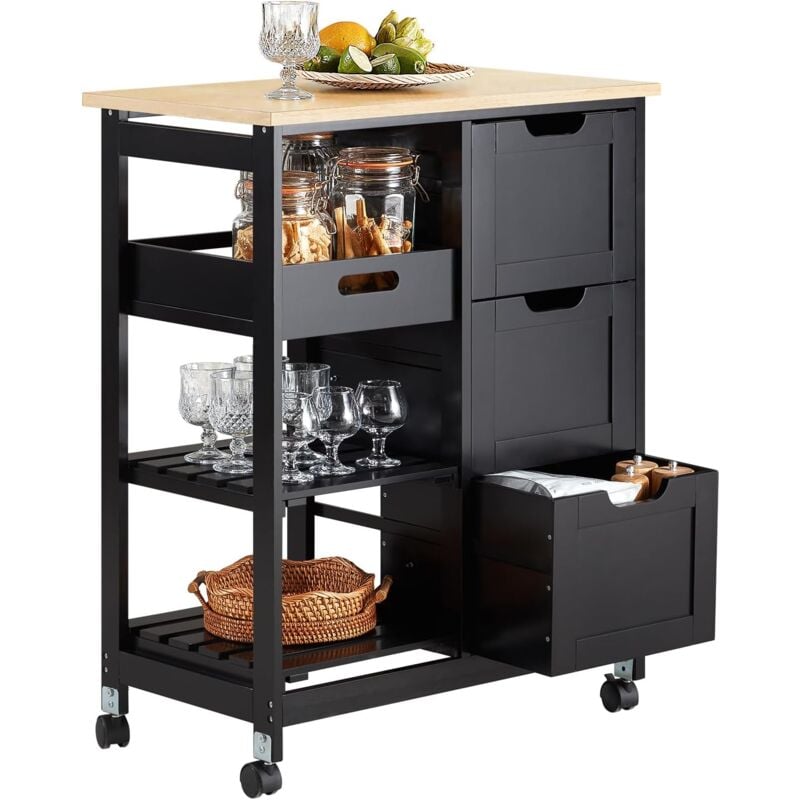 Sobuy - FKW79-SCH Chariot de Service Desserte de Cuisine à roulettes Table Roulante Meuble de Rangement pour Cuisine et Salon L68XP37xH84.5cm