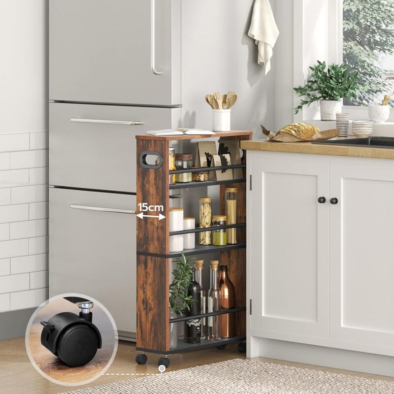 Hoobro – Desserte de cuisine 4 niveaux EBF15TC01 – Marron rustique – Panneau de particules et cadre en fer – 4 roulettes verrouillables – Dimensions
