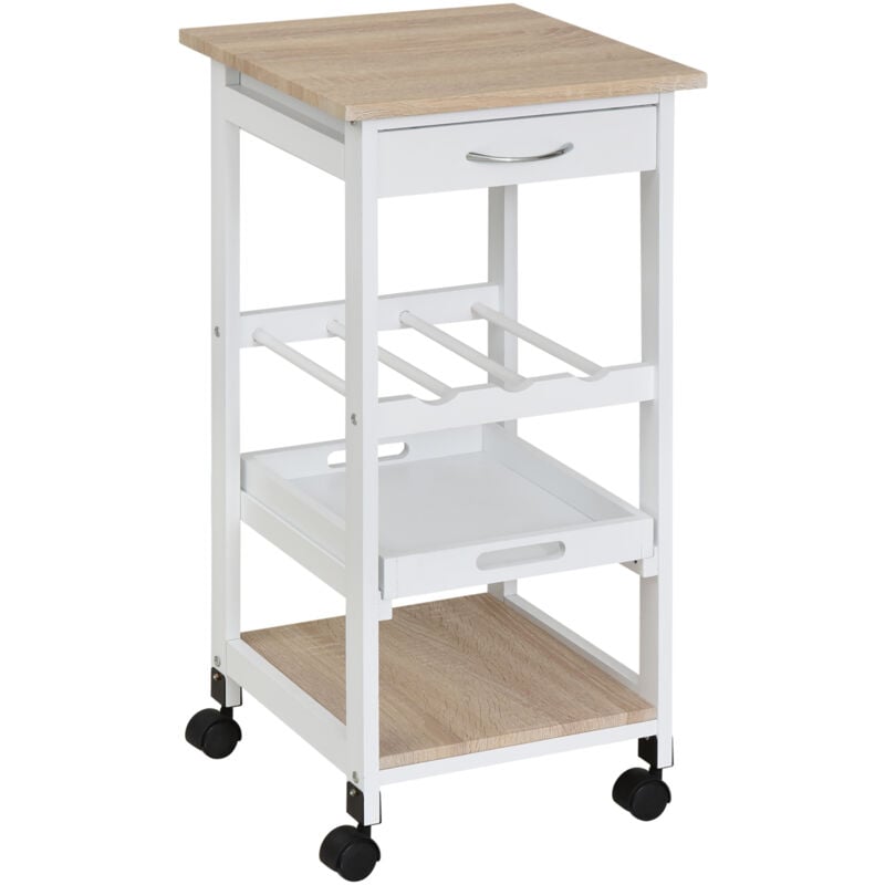 Homcom - Chariot de service desserte de cuisine à roulettes 2 étagères + plateau amovible + tiroir bois de pin mdf blanc chêne clair