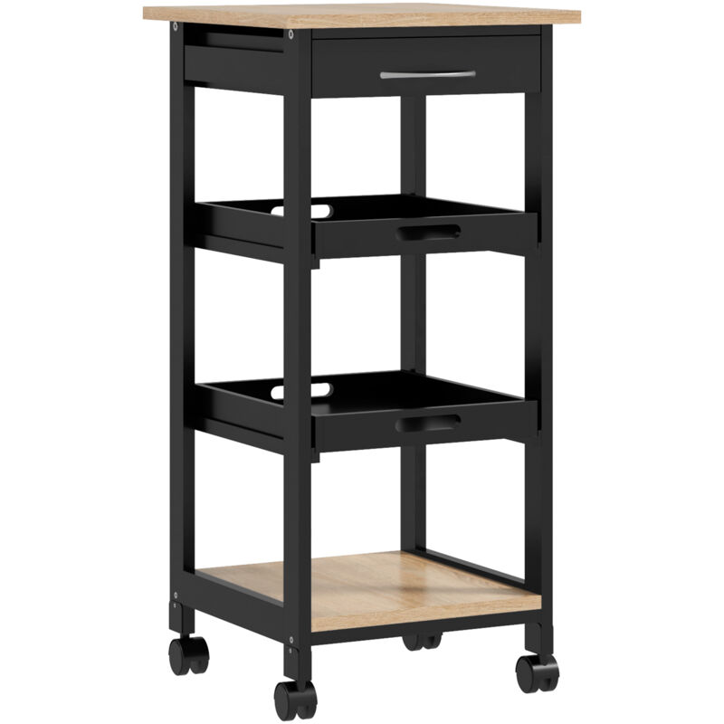 Homcom - Chariot de service desserte de cuisine à roulettes 2 plateaux amovibles, tiroir, étagère mdf chêne clair bois pin noir