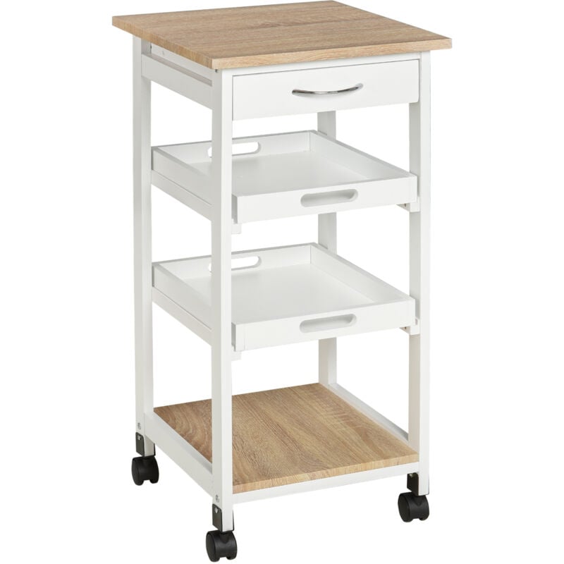 Homcom - Chariot de service desserte de cuisine à roulettes 2 plateaux amovibles, tiroir, étagère mdf chêne clair bois pin blanc