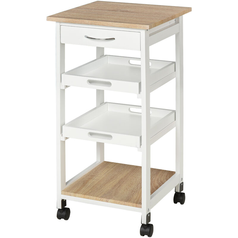 Chariot de service desserte de cuisine à roulettes 2 plateaux amovibles, tiroir, étagère MDF chêne clair bois pin blanc - Blanc