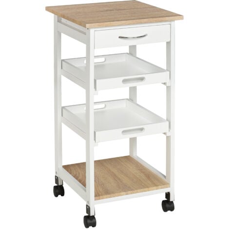 HOMCOM Chariot de service desserte de cuisine à roulettes 2 plateaux amovibles, tiroir, étagère MDF chêne clair bois pin blanc