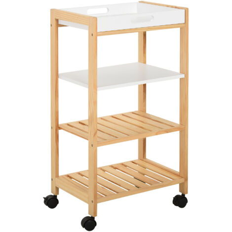 Chariot de service desserte de cuisine à roulettes 3 étagères + plateau amovible bois de pin MDF blanc
