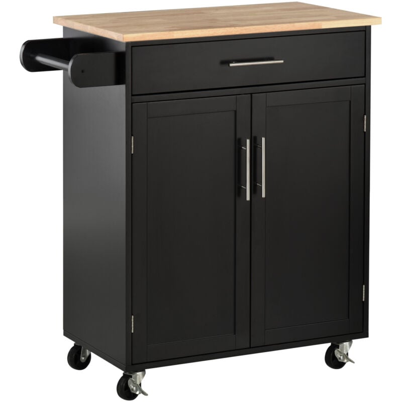 Homcom - Desserte de cuisine - 2 portes, étagère, tiroir, porte-torchons - bois hévéa pin noir