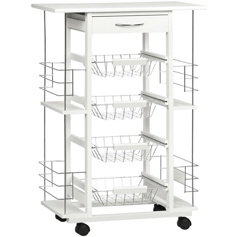 Homcom - Chariot de service desserte de cuisine à roulettes multi-rangements 4 paniers métal tiroir + 4 range-bouteilles bois pin plateau carrelé