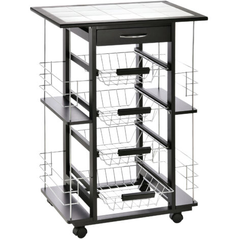 Chariot de service desserte de cuisine à roulettes multi-rangements 4 paniers métal tiroir + 4 range-bouteilles  pin noir plateau carrelé blanc