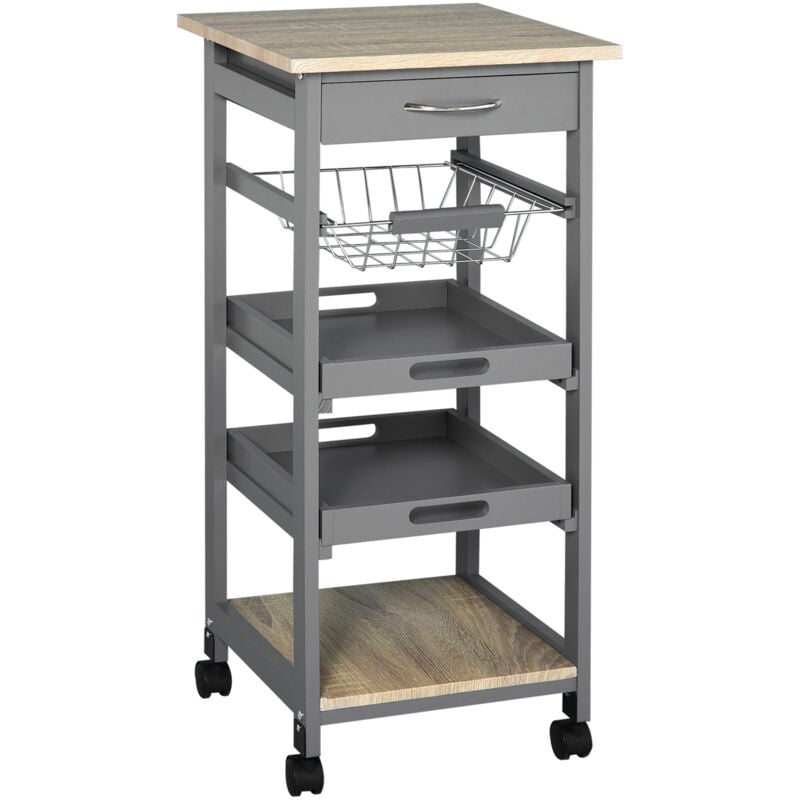 Homcom - Chariot de service desserte de cuisine à roulettes panier + 2 plateaux amovibles, tiroir, étagère mdf chêne clair bois pin gris