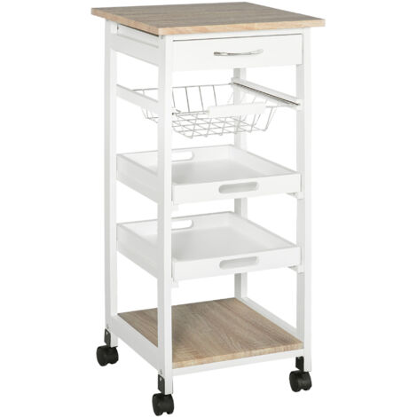 Chariot de service desserte de cuisine à roulettes panier + 2 plateaux amovibles, tiroir, étagère MDF chêne clair bois pin blanc
