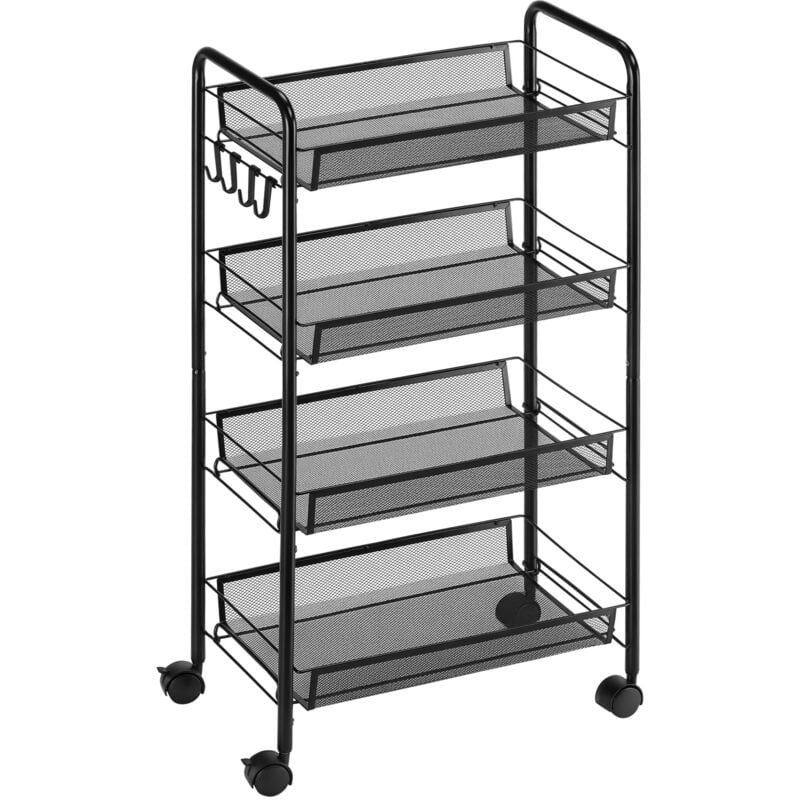 Chariot de service desserte de cuisine à roulettes 4 paniers métalliques amovibles 4 crochets acier noir