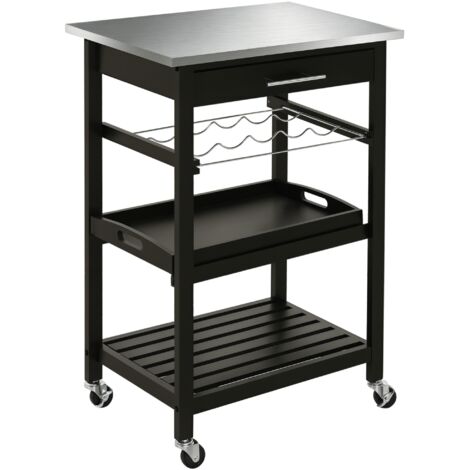 Chariot de Service desserte de Cuisine Table roulantes avec étagère rangement bouteille 60L x 40l x 85H cm Plateau en Acier INOX. Noir