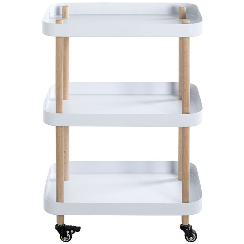 Pegane - Chariot de service, desserte en bois coloris naturel et métal blanc -longueur 50 x profondeur 30 x hauteur 76 cm