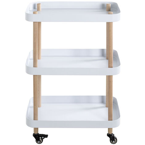 Chariot de service, desserte en bois coloris naturel et métal blanc -longueur 50 x profondeur 30 x hauteur 76 cm