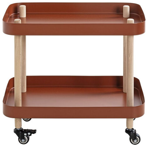 Chariot de service, desserte en bois coloris naturel et métal rouge -longueur 50 x profondeur 30 x hauteur 47 cm