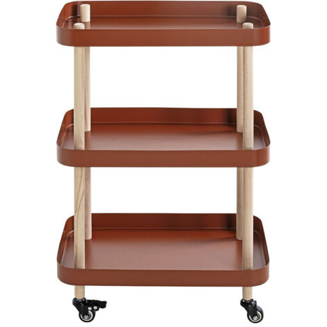 Chariot de service, desserte en bois coloris naturel et métal rouge - longueur 50 x profondeur 30 x hauteur 76 cm