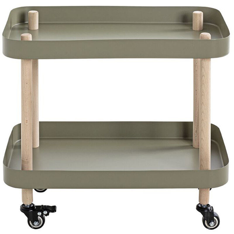 Chariot de service, desserte en bois coloris naturel et métal vert -longueur 50 x profondeur 30 x hauteur 47 cm