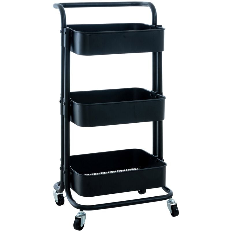 Décoshop26 - Chariot de service desserte sur roulettes rangement cuisine 3 niveaux en métal noir 100003065