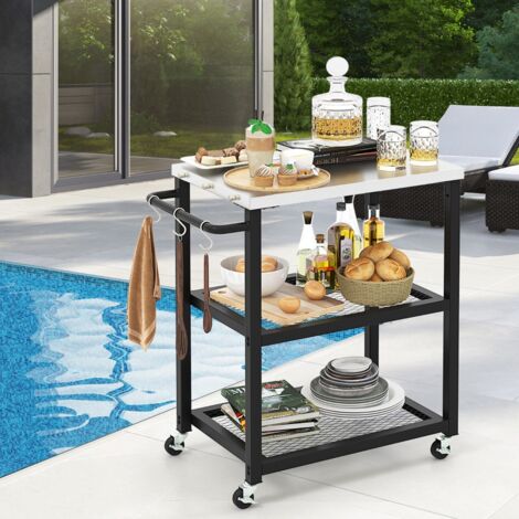 Chariot de Service d'Extérieur à 3 Étagères Desserte de Jardin avec Plateau et Poignée en Acier Inoxydable 3 Crochets 72,5 x 41 x 81 cm Noir