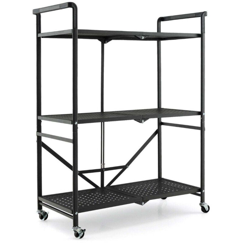 Chariot de service pliant avec 4 roues etagere metallique a 3 niveaux pour cuisine et bureau noir