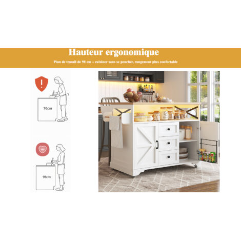 chariot de service pour la cuisine, avec un plateau repliable et une lumière LED. Il s’agit d’un meuble multifonctionnel, idéal pour servir les repas en toute tranquillité.