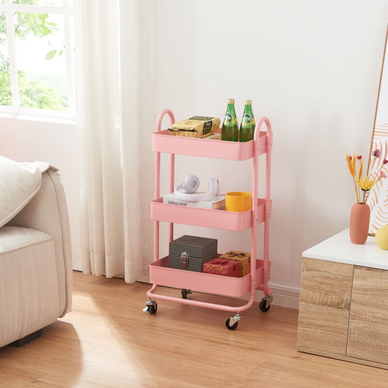 [en.casa] - Chariot de service Pyhäntä à 3 paniers acier 79 x 46 x 35 cm rose