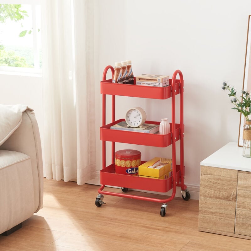 [en.casa] - Chariot de service Pyhäntä à 3 paniers acier 79 x 46 x 35 cm rouge
