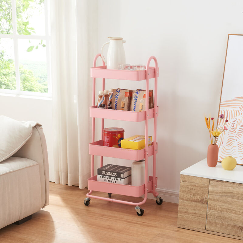 Chariot de service Pyhäntä à 4 paniers acier 104 x 46 x 35 cm rose [en.casa]