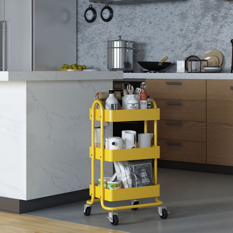 Chariot de service Pyhäntä à roues 3 paniers acier 78,5 x 46 x 35 cm jaune [en.casa]