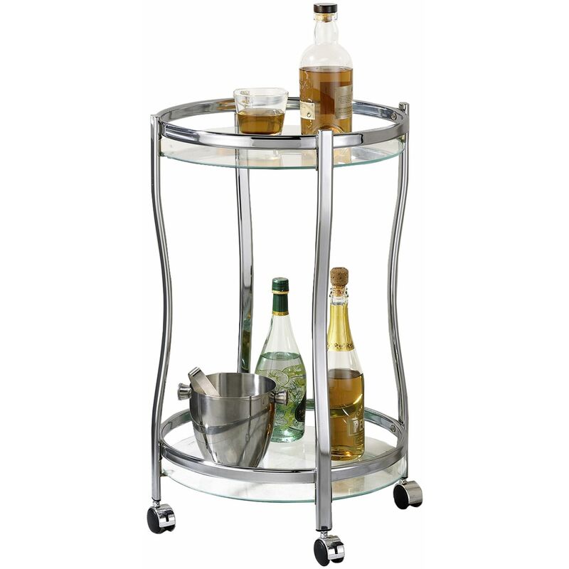 Chariot de service VEGA table d'appoint ronde sur roulettes chariot à thé en métal chromé 2 étagères en verre trempé transparent - Chrome/Verre
