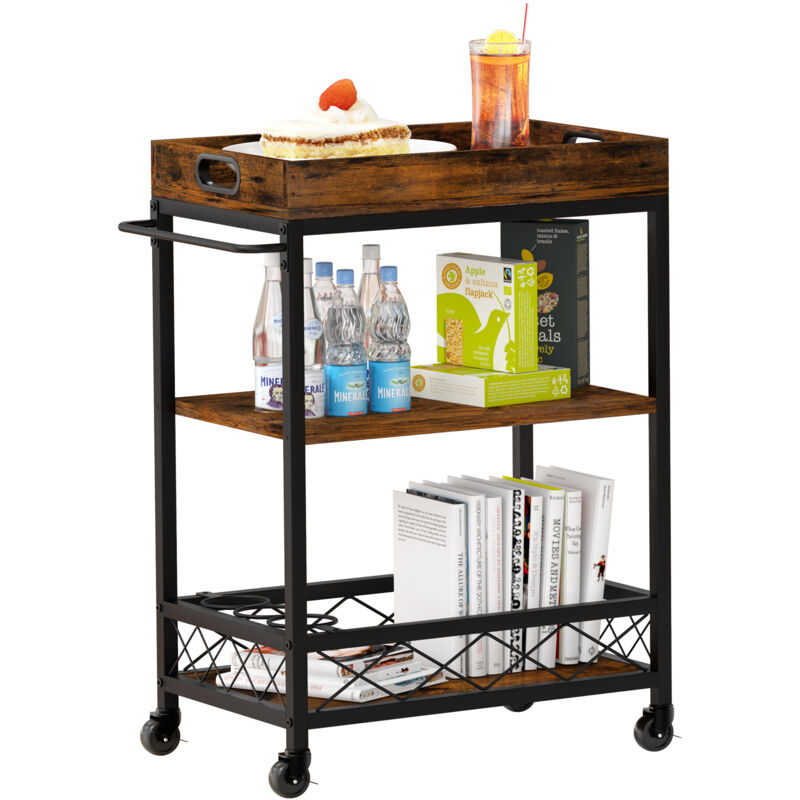 Lunsy - Chariot de Service Vintage avec Plateau Amovible pour Cuisine, Chariot à Roulettes Verrouillable comme Étagère de Cuisine pour Stocker des