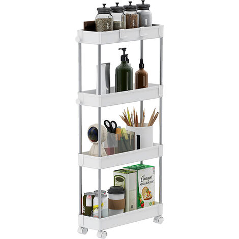 Chariot de Stockage, 4 Niveaux, 4 roulettes, , Chariot de Rangement, Desserte, Blanc - Meerveil