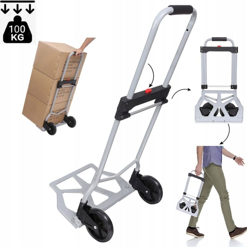Diable Pliant 100kg, Diable de manutention Portable, Chariot de transport à main pliable en aluminium pour Transport des Bagages, Camping,