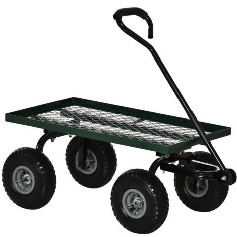 Chariot de transport jardin remorque à main charrette à bras 4 roues 94L x 48,5l x 100H cm charge max. 150 Kg métal vert
