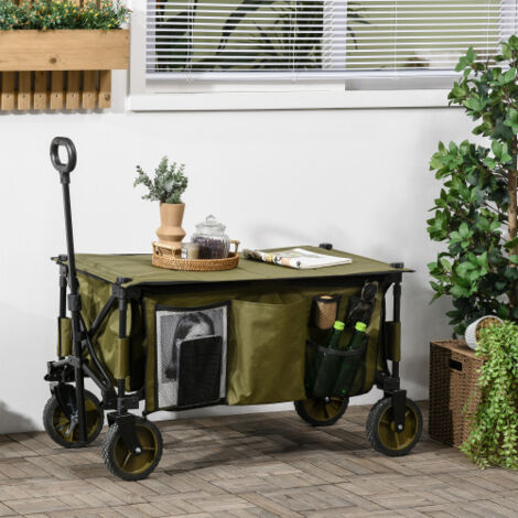 Chariot de transport pliable 108x55x93 cm vert, 4 roues avec freins, poignée réglable, plateau inclinable et 5 poches